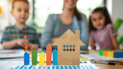 Family discussing financial goals at home with charts and graphs, emphasizing the importance of financial literacy