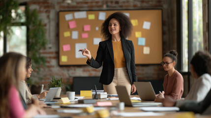 Professional meeting or brainstorming session. A woman is leading a discussion, standing confidently in front of a board with sticky notes. This scene conveys a modern office environment.