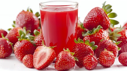 A refreshing glass of strawberry juice surrounded by fresh strawberries.