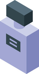 Purple perfume bottle lying down with black cap, isometric view