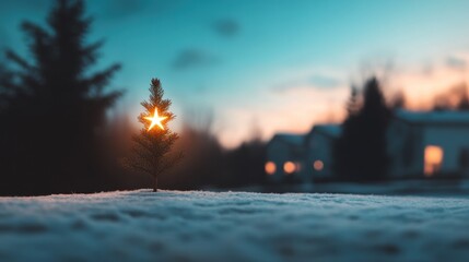 Close-up of a beautiful star atop the tree, glowing brightly against the dark winter night.