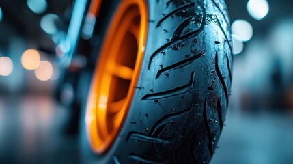 A close-up image of a motorcycle tire showcases the rugged tread and an eye-catching orange rim, highlighting the design and engineering precision of modern motorcycles.