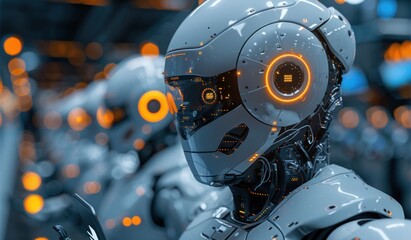 Fototapeta premium Futuristic Robot with Glowing Lights in a Factory Setting