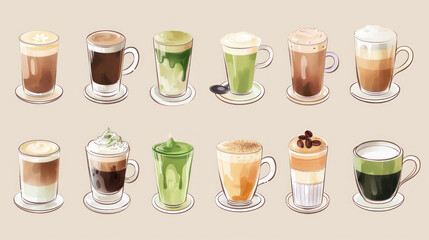 Obraz premium Elegant arrangement of mocha, tea, green tea, hot chocolate, black coffee, matcha, cappuccino, and flat white, perfect for a coffee set collection