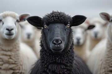 Fototapeta premium A black sheep standing out in the middle of white sheeps, all looking at it with curiosity and determination.