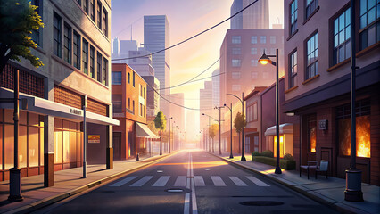A tranquil city street is illuminated by warm sunset light, with empty sidewalks and tall buildings creating a peaceful atmosphere
