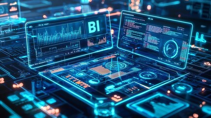 Fototapeta premium Business Intelligence Data analysis Data mining A high-tech command center with holographic dashboards displaying complex data analysis and mining operations