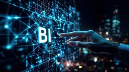 Business Intelligence forecasting  An outstretched hand interacting with the "BI" logo in a futuristic digital environment with glowing networks and a dark cityscape