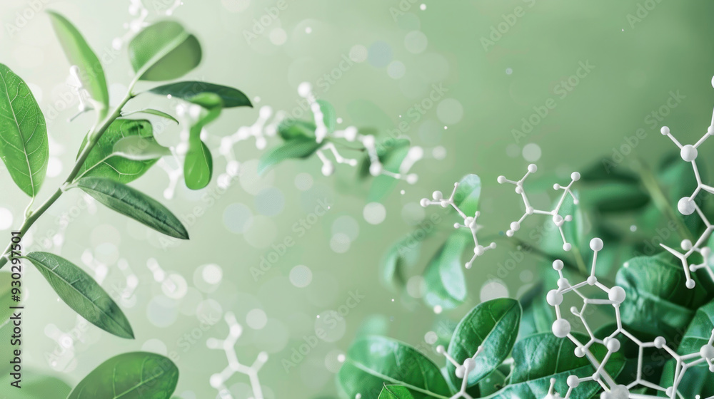 Poster DNA and molecular diagrams with plant leaves on a green background, showcasing biochemistry in nature