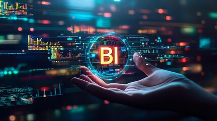 Business Intelligence integration  A hand holding a glowing holographic "BI" logo surrounded by digital data streams and futuristic interface elements