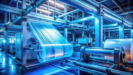 Naklejka premium High-tech polyethylene plastic bag production machine with vibrant lighting effects, showcasing the intricate roller mechanism in a calming light blue industrial setting.