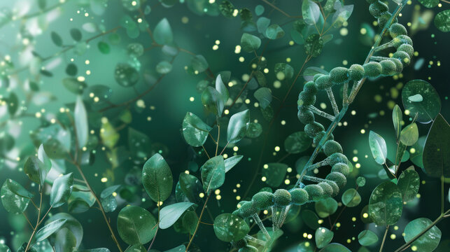 DNA and biochemistry molecules intertwined with plant images on a green background, showcasing scientific exploration
