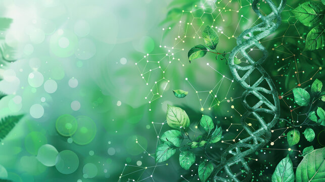 DNA and biochemistry molecules intertwined with plant images on a green background, showcasing scientific exploration