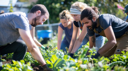 Diverse group of volunteers working together in a community garden, representing various ethnicities, ages, and abilities