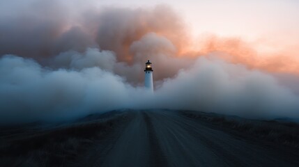 Obraz premium A lighthouse stands tall in the middle of dense fog with its beacon light shining, creating a mysterious and serene atmosphere during the dusk hours.