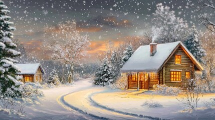 Enchanting illustration of snowy landscapes and cozy cottages in a winter wonderland scene