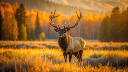Majestic bull elk stands proudly in a Wyoming autumn meadow, his large rack and brown coat glistening in the warm golden light of dawn.