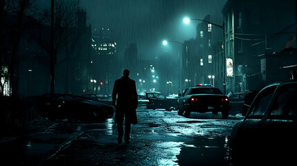 A bustling city street at night with silhouettes of people and cars, illuminated by streetlights and fog, showing a mix of shadows and business activity