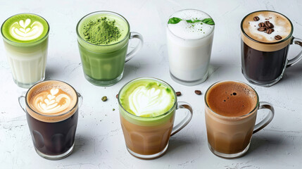 Display of various coffee and tea drinks: mocha, green tea, hot chocolate, black coffee, matcha, cappuccino, and flat white