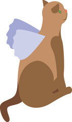 Brown cat with angel wings is sitting and looking to the side
