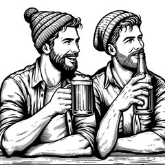 two bearded friends wearing beanies, smiling and enjoying beers together in a relaxed setting sketch engraving generative ai PNG illustration. Scratch board imitation. Black and white image.