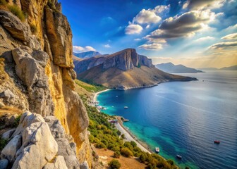 Serrated limestone cliffs meet the Aegean Sea in Kalymnos, Greece, offering rugged climbing routes and secluded, sun-kissed beaches with crystal-clear waters.