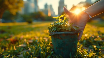 A person holding a recycling bin and giving a thumbs up in a city park, with skyscrapers in the distance and green grass underfoot, symbolizing urban sustainability,