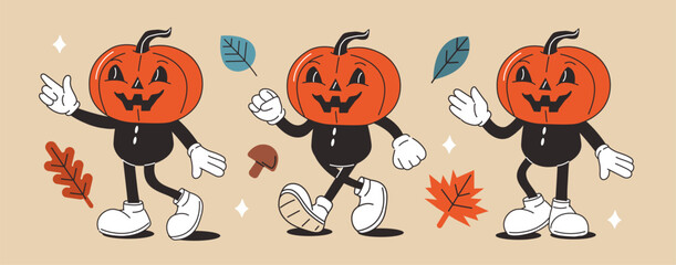 Naklejka premium Retro Halloween character set. Cartoon comic groovy pumpkin collection. Vintage holiday season. Vector illustration. 