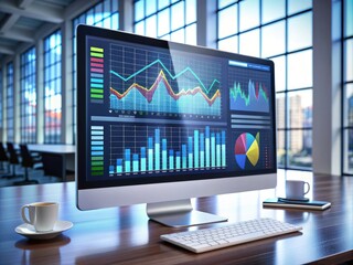 Modern interface displays vast business data, including sales reports, profit charts, and stock market trends, on a sleek screen monitor for financial analysis and decision-making.