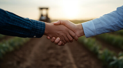 Close-up of handshake between two people, one wearing a plaid shirt and the other wearing a light blue striped shirt, both standing in what looks like a field, a tractor blurred.