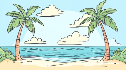 A cartoon beach scene with palm trees and clouds.
