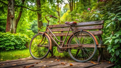 A rusty bicycle leans casually against a worn, weathered wooden bench, surrounded by lush greenery, evoking a sense of serenity and relaxation in a park setting.