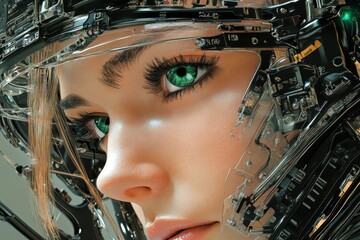 Cybernetic woman with intricate headgear representing the fusion of human beauty and advanced technology