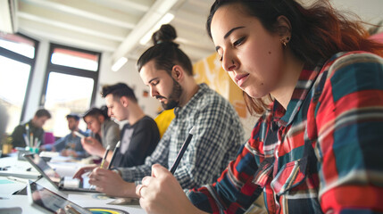 Creative professionals using tablets and digital pens in a bright, open-concept studio, showcasing a tech-savvy creative environment
