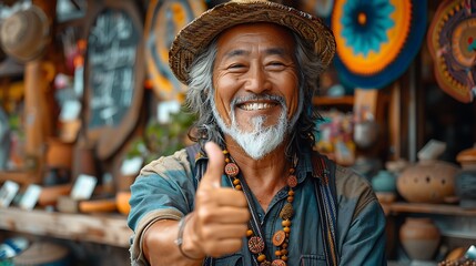 A proud artisan giving a thumbs up in front of their handmade crafts store, with a rustic sign and colorful displays of their creations, captured in crisp focus with natural light. --ar 16:9 --v 6.0