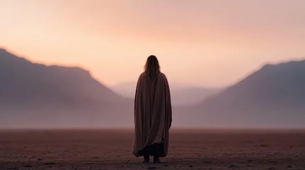 An individual kneels in an expansive open landscape as the dawn light breaks over distant mountains, embodying tranquility, solitude, and the awe of the natural world.