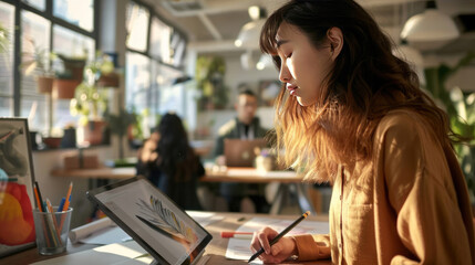 Creative professionals using tablets and digital pens in a bright, open-concept studio, showcasing a tech-savvy creative environment