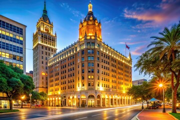 Fototapeta premium Historic downtown hotel with 1920s architecture stands tall, featuring ornate details, in vibrant San Antonio, Texas, amidst bustling city life and rich cultural heritage.