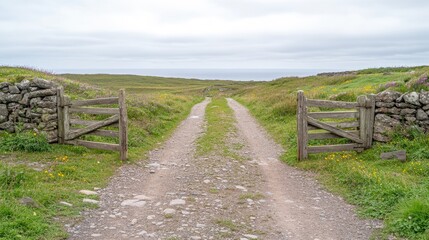 The winding road leads to a village, bordered by wooden gates and vibrant greenery, with gentle sunlight illuminating wildflowers and a nearby stream