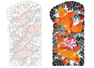 Koi long sleeve tattoo design, Japanese Irezumi tattoo style, line work completed, 잉어 긴팔 문신도안, 이레즈미 타투 라인작업 鲤鱼纹身设计 