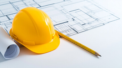 Blueprint floor plan architectural project on the table with yellow helmet and pencil