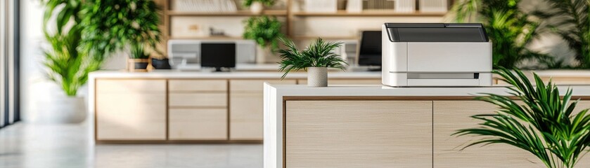 Modern office space featuring sleek furniture, plants, and equipment, promoting productivity and a refreshing atmosphere.