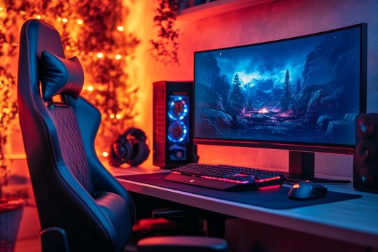 Gaming Setup with a Curvy Monitor and an Illuminated PC