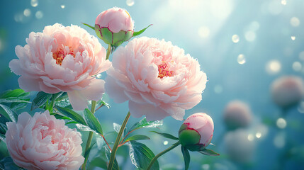 Soft pink peonies & bottle green foliage design pattern, hyper realistic photography