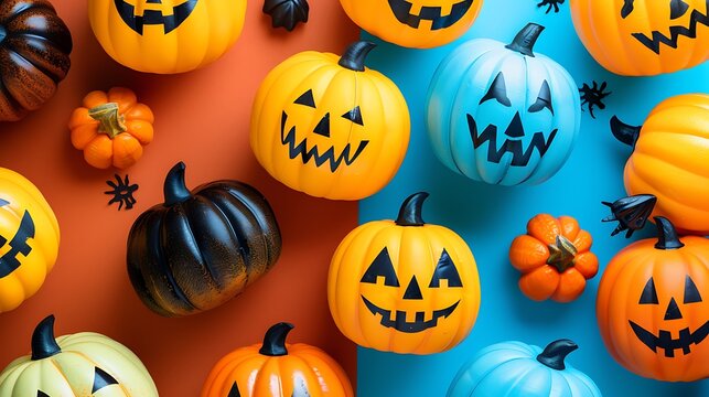 Flatlay colorful Halloween background with pumpkins. Flatlay colorful Halloween background concept