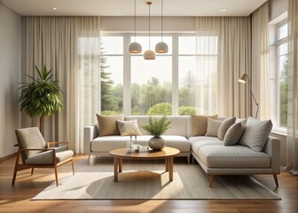 Fototapeta premium Serene white interior living room filled with soft, warm light, featuring a comfortable sofa, minimalist decor, and large windows with a subtle curtain.