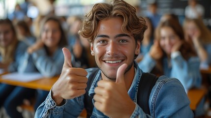 Fototapeta premium A student giving a thumbs up in a classroom, holding a certificate of achievement, with other students and a teacher in the background, celebrating success, captured in sharp focus with bright,