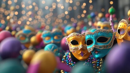 Mardi Gras parade, colorful masks and beads, 3D illustration