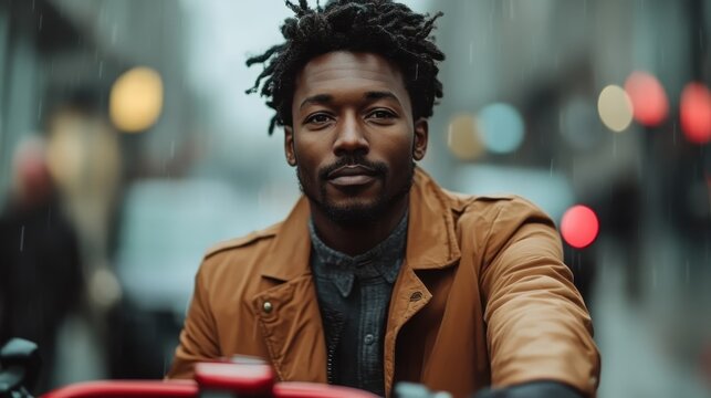A man with dreadlocks, wearing a brown jacket, rides a bike in the city, embodying a blend of urban lifestyle and active, health-conscious living.