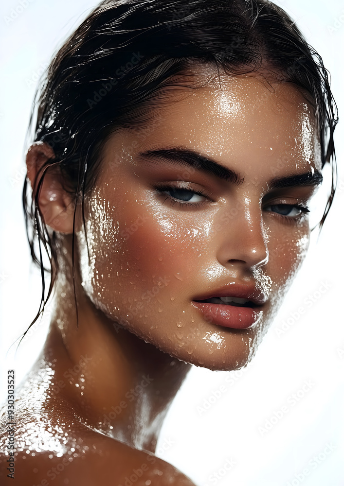 Poster Serene Elegance: A Portrait of a Woman with Wet Hair in Soft Lighting